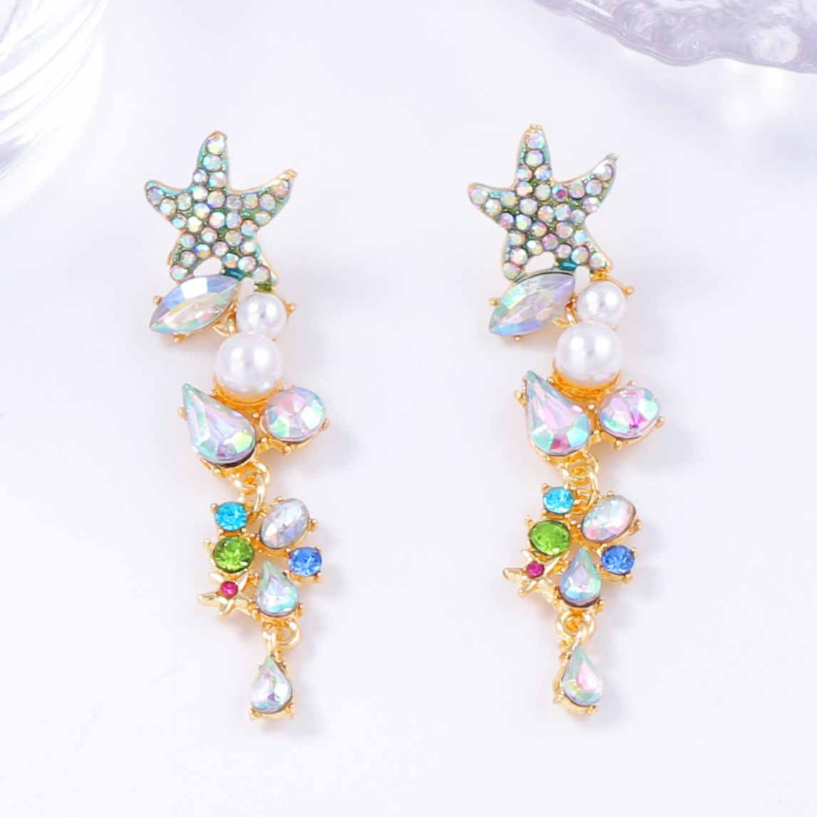 Exaggerated Starfish Long Earrings with Alloy Links, Colorful Gemstones, and Elegant Pearl Accents – Perfect for Adding a Touch of Glamour
