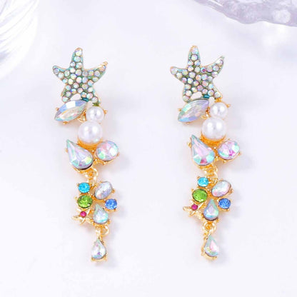 Exaggerated Starfish Long Earrings with Alloy Links, Colorful Gemstones, and Elegant Pearl Accents – Perfect for Adding a Touch of Glamour