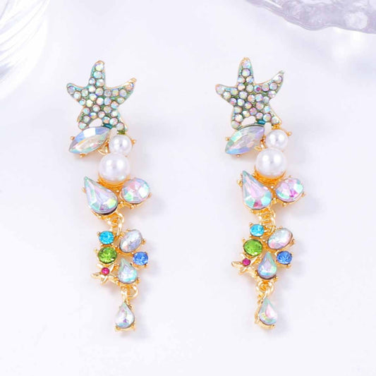 Exaggerated Starfish Long Earrings with Alloy Links, Colorful Gemstones, and Elegant Pearl Accents – Perfect for Adding a Touch of Glamour