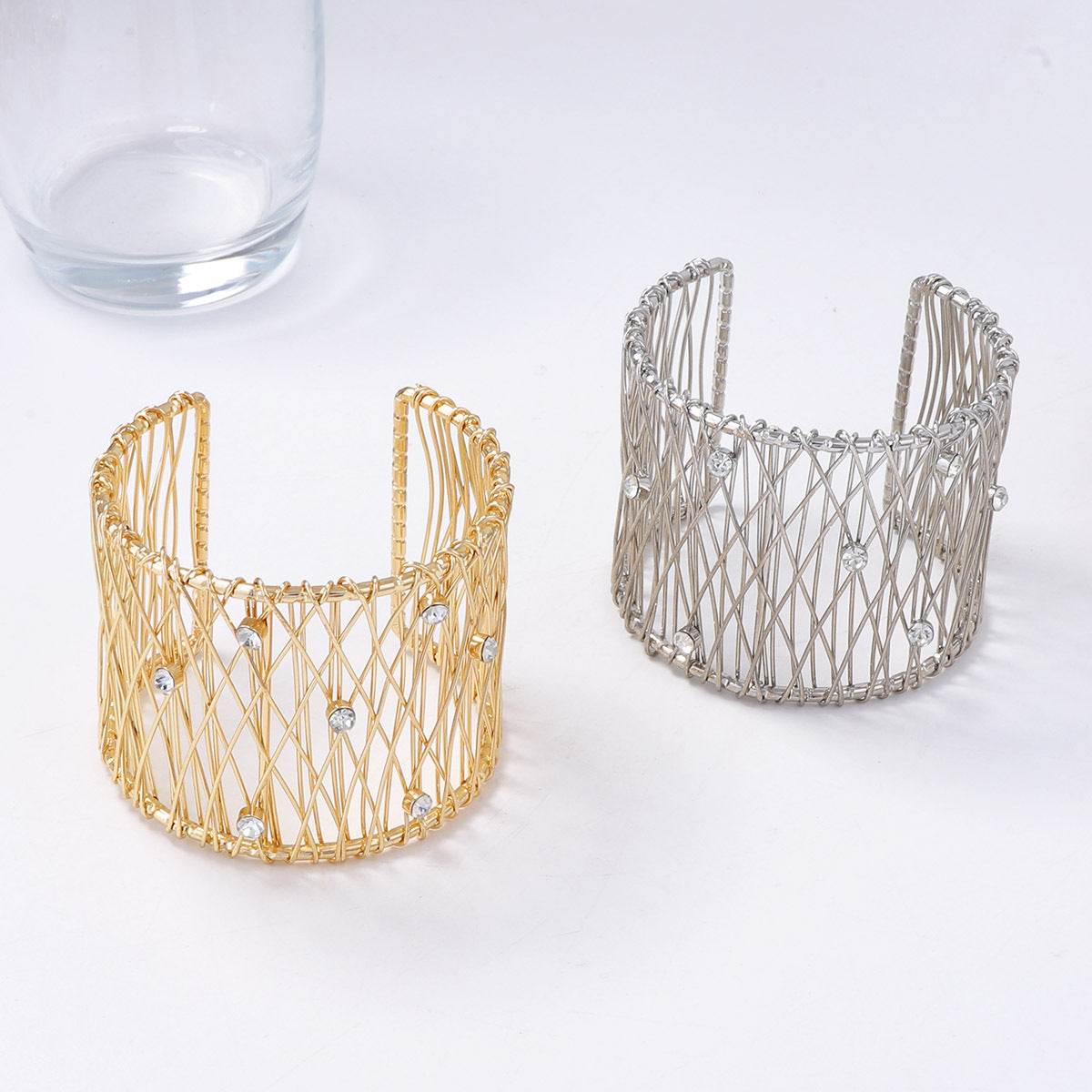 Exaggerated Chic Minimalist Metal Mesh Wide Band Open-Back Women's Bracelet with Micro-Set Zircon Stones - Perfect for Every Occasion!