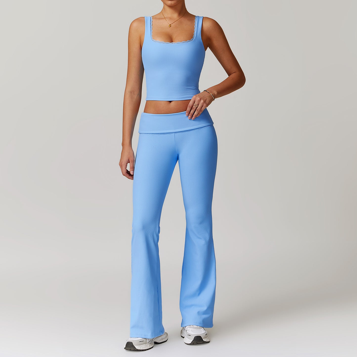 High Waisted Ribbed Yoga Set for Women Sculpting Supportive Fitness Outfit for Comfort and Performance Model 8828