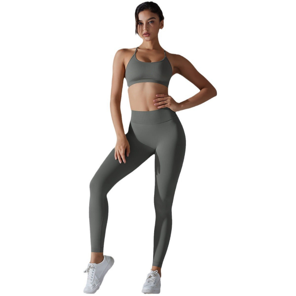 Seamless Cross Back Sport Bra and High Waisted Ruched Leggings Set for Yoga Fitness and Everyday Comfort