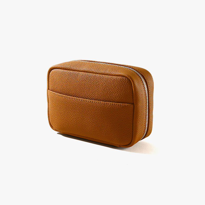 Genuine Leather Women's Makeup Bag Solid Color Minimalist Design High End Quality Spacious Travel Friendly Cosmetic Organizer