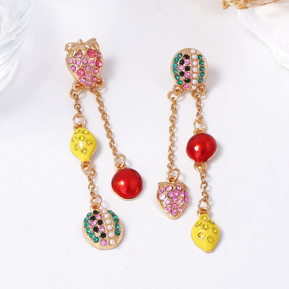 Exaggerated Cute Fruit Series Earrings with Dazzling Rhinestones – Playful Watermelon & Lemon Tassel Design for Women