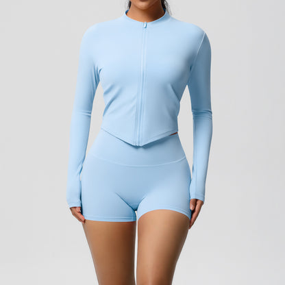 Breathable Zip Up Long Sleeve Yoga Set with Soft Brushed Fabric Slim Fit Shorts for Performance in Running and Training