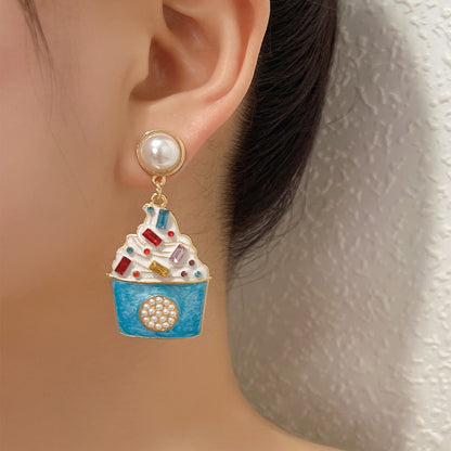 Trendy Ice Cream-Inspired Alloy Earrings with Sparkling Rhinestones and Elegant Pearls - Unique Personalized Design for a Chic Look