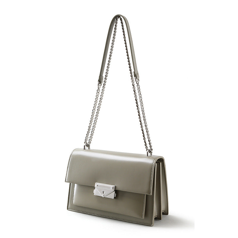 Chic Korean Minimalist Genuine Leather Women's Crossbody Chain Bag Elegant Small Square Shoulder Purse for Everyday Sophistication for Commute and Outings