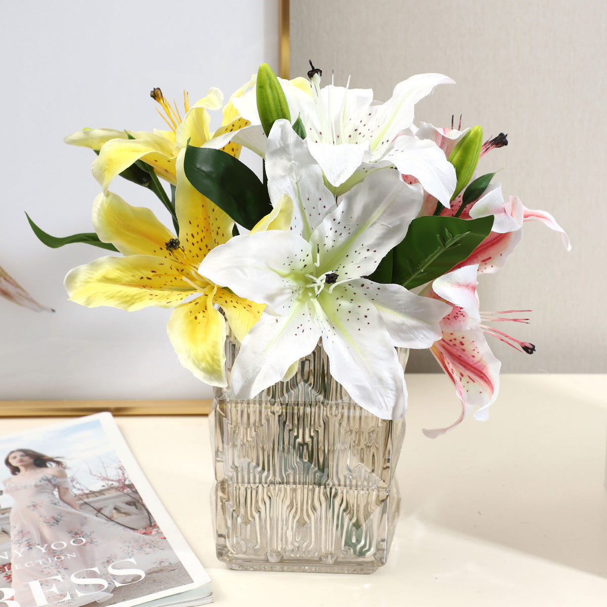 Stunning 3-Head Artificial Lily Flower Bouquet - Perfect Home Decor for Living Rooms, Dining Tables, and Outdoor Displays