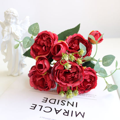 Elegant Korean 9-Head Simulation Peony and Rose Floral Arrangement - Perfect for Home Decor, Weddings, and Special Occasions