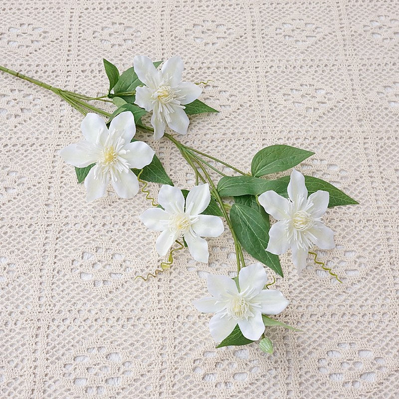 Realistic Heavy Petal Clematis Flower - Single Stem with 5 Blooms - Perfect for Home Décor, Weddings, and Event Decorations