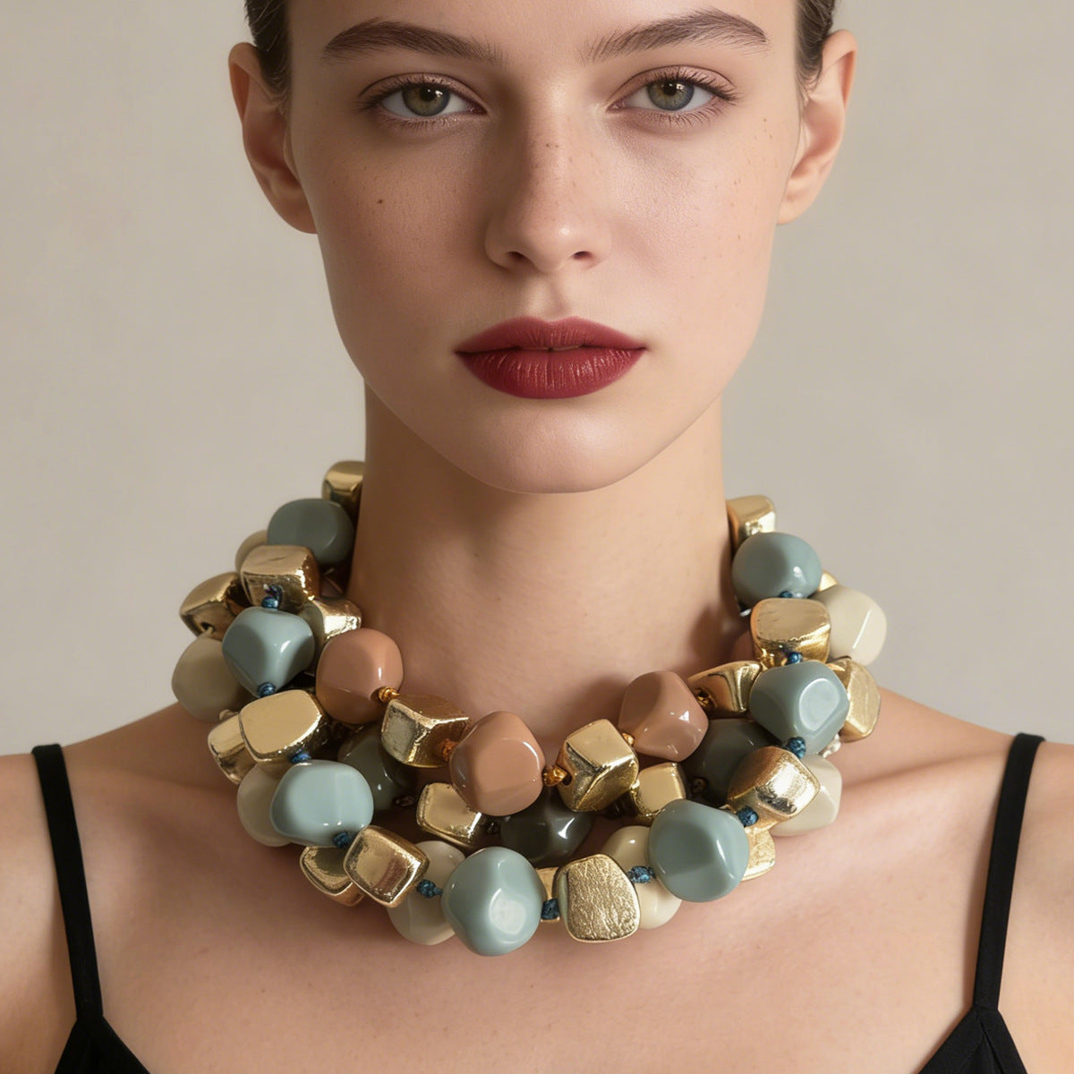 Stylish Minimalist Multi-Layered Geometric Resin Bead Necklace in Vibrant Colors – Perfect for Everyday Wear and Versatile Layering