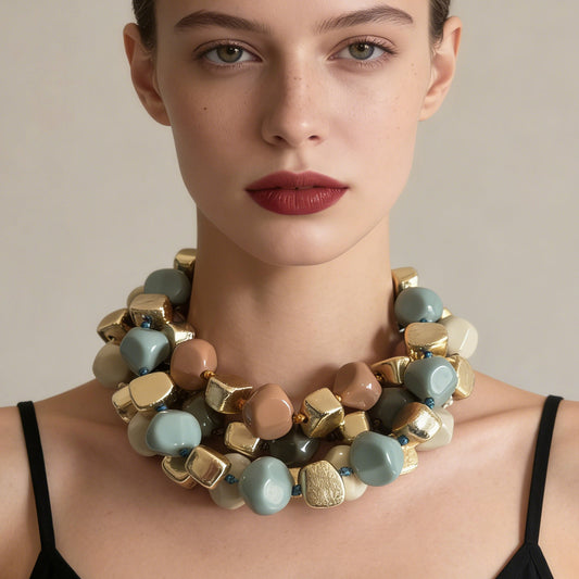Stylish Minimalist Multi-Layered Geometric Resin Bead Necklace in Vibrant Colors – Perfect for Everyday Wear and Versatile Layering