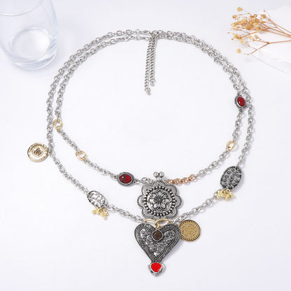 Stunning Vintage-Inspired Alloy Silver Floral Heart Pendant Necklace - Unique Double Layer Design for a Bold Statement