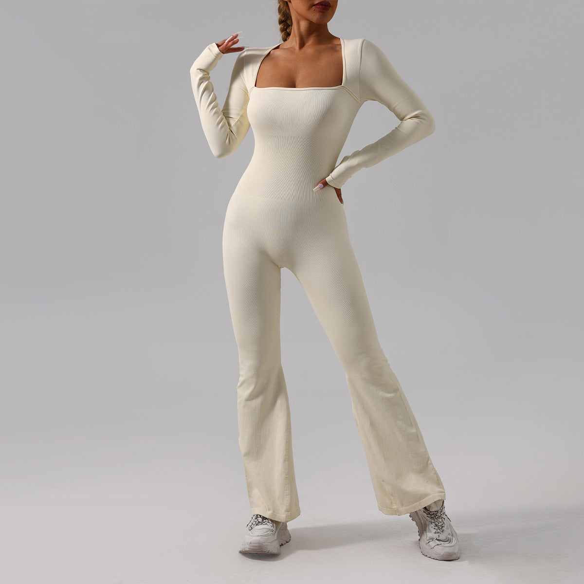 Seamless Long Sleeve Bodysuit with Square Neck Flattering Fit for Yoga Fitness and Activewear