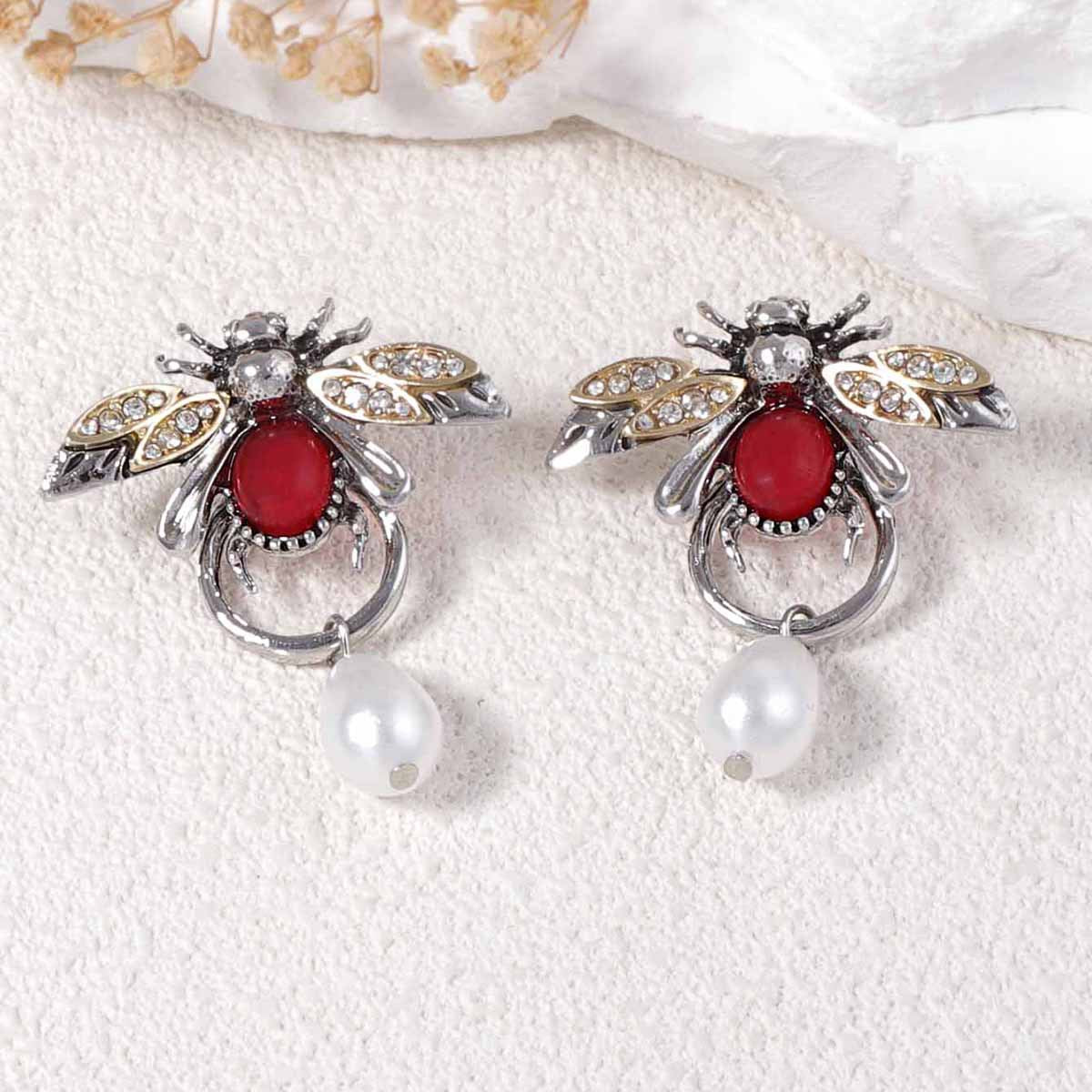 Stylish Vintage-Inspired Insect Water Drop Faux Pearl & Micro Pave Zircon Animal Earrings – Exquisite High-End Design for Women