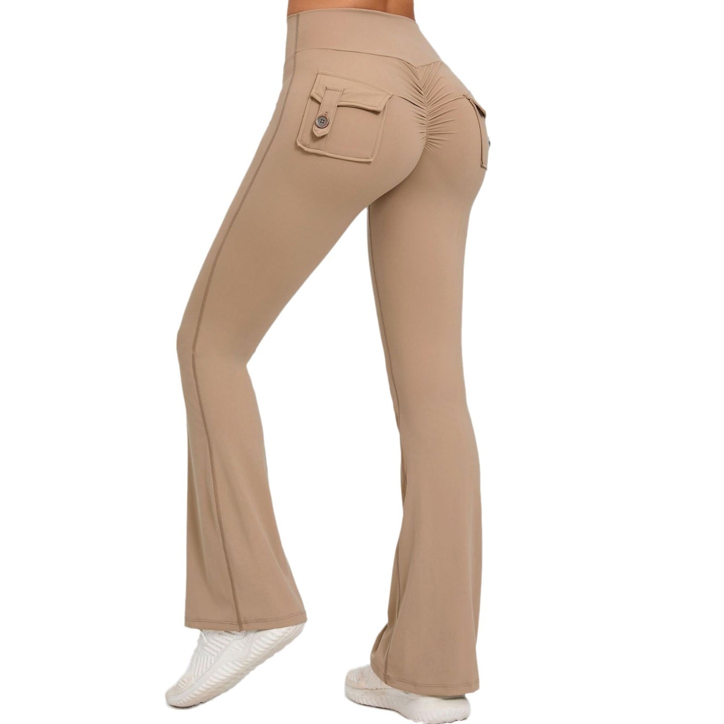 High Waisted Button Detailed Peach Yoga Flare Pants for Women Comfortable Quick Dry Leggings Ideal for Fitness and Workouts