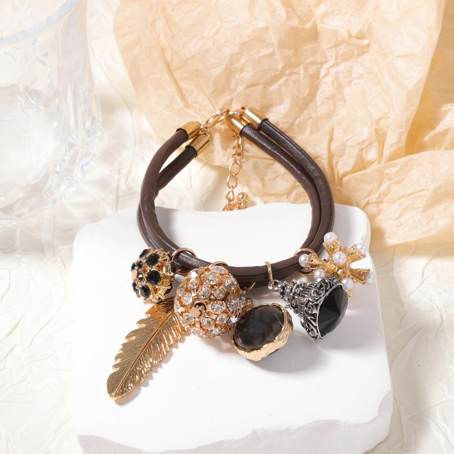 Elegant Double-Layer Alloy Pendant with Zirconia Stone in Geometric Sphere and Leaf Design – Stylish Casual Bracelet for Women