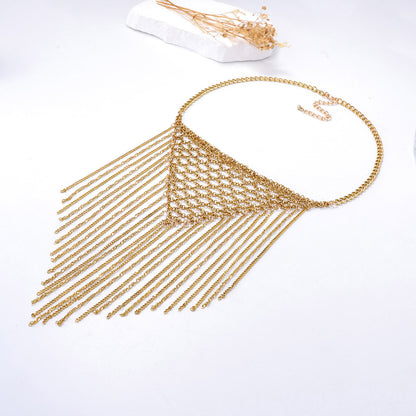 Chic Minimalist Statement Necklace with Metallic Exaggerated Triangle Multi-Strand Chain and Elegant Tassel Details