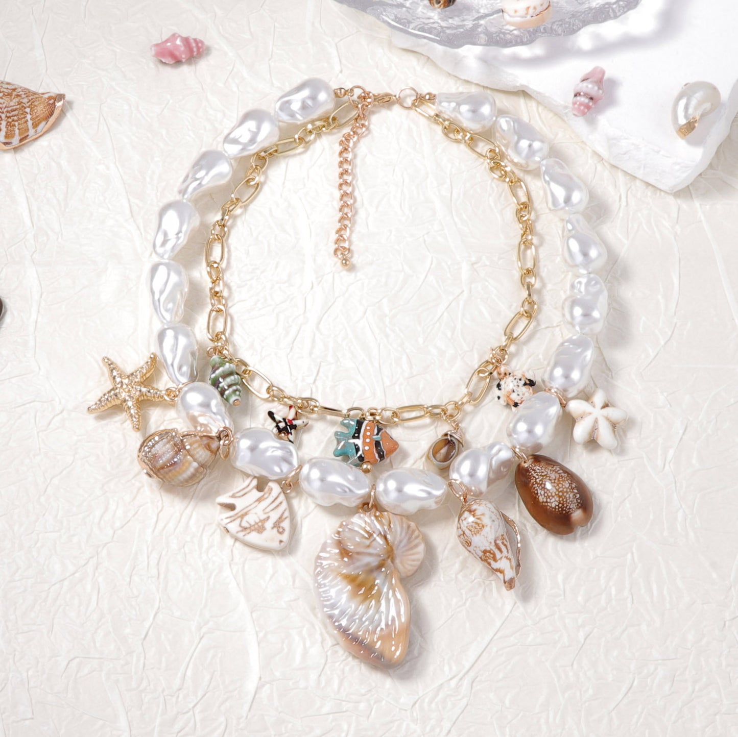 Stylish Personalized Baroque-Inspired Ceramic Pearl Alloy Shell Pendant Necklace - Double Layered Design for Women
