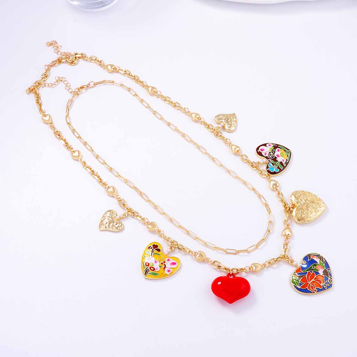 Bohemian Chic Double-Layer Alloy Heart Pendant Necklace - Unique Drip Oil Design for Stunning Layered Style