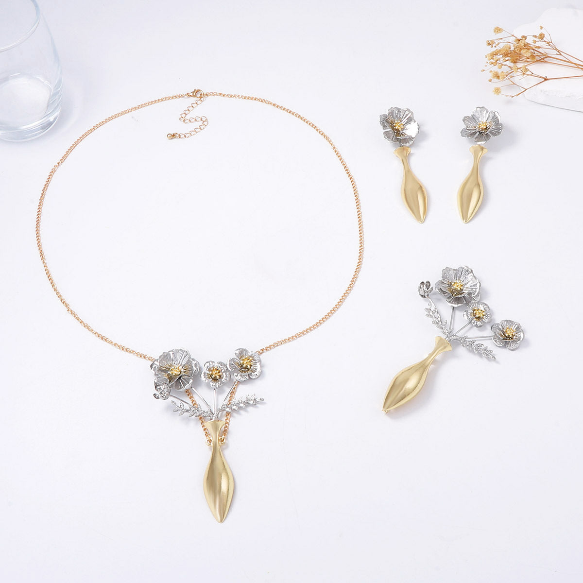 Chic Minimalist Gold Alloy Flower Necklace, Brooch, and Earring Set - Exquisite Cold Aesthetic Jewelry for Elegant Styles
