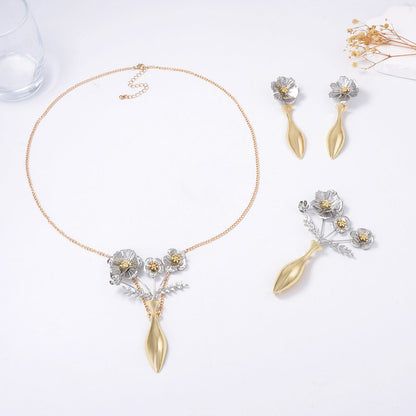 Chic Minimalist Gold Alloy Flower Necklace, Brooch, and Earring Set - Exquisite Cold Aesthetic Jewelry for Elegant Styles