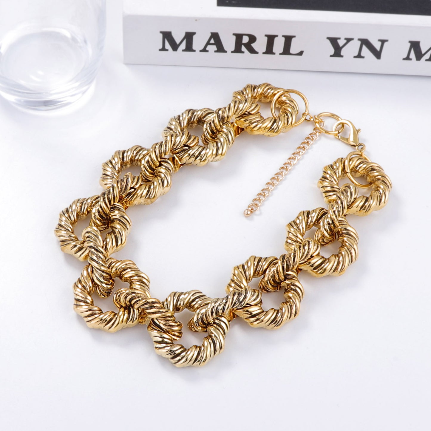 Unique Vintage-Inspired Jewelry Set: Chunky Textured Metal Twisted Geometric Statement Necklace and Bracelet for Bold Fashion Lovers