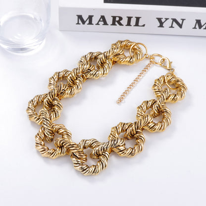 Unique Vintage-Inspired Jewelry Set: Chunky Textured Metal Twisted Geometric Statement Necklace and Bracelet for Bold Fashion Lovers