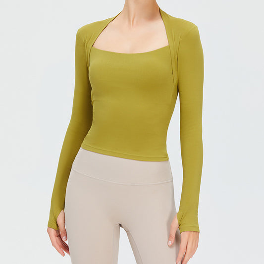 Long Sleeve Yoga Top with Built in Bra Pads Chic Two in One U Neck Sportswear for Comfort and Performance