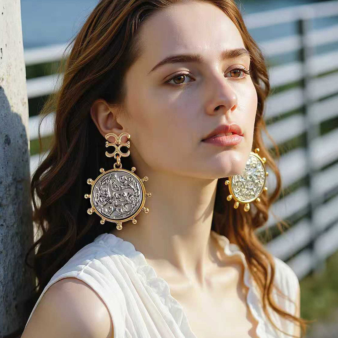 Elegant Minimalist Alloy Geometric Badge Coin Pendant Earrings – Versatile Everyday Dangle Earrings for Women, Perfect for Office and Casual Outfits