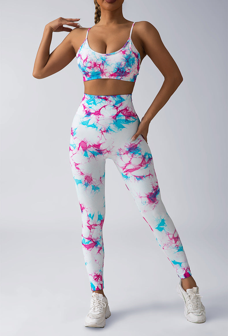 Seamless Adjustable Tie Dye Sports Bra and Legging Set with Built in Chest Pads for Running Gym Workouts and Butt Enhancing Comfort