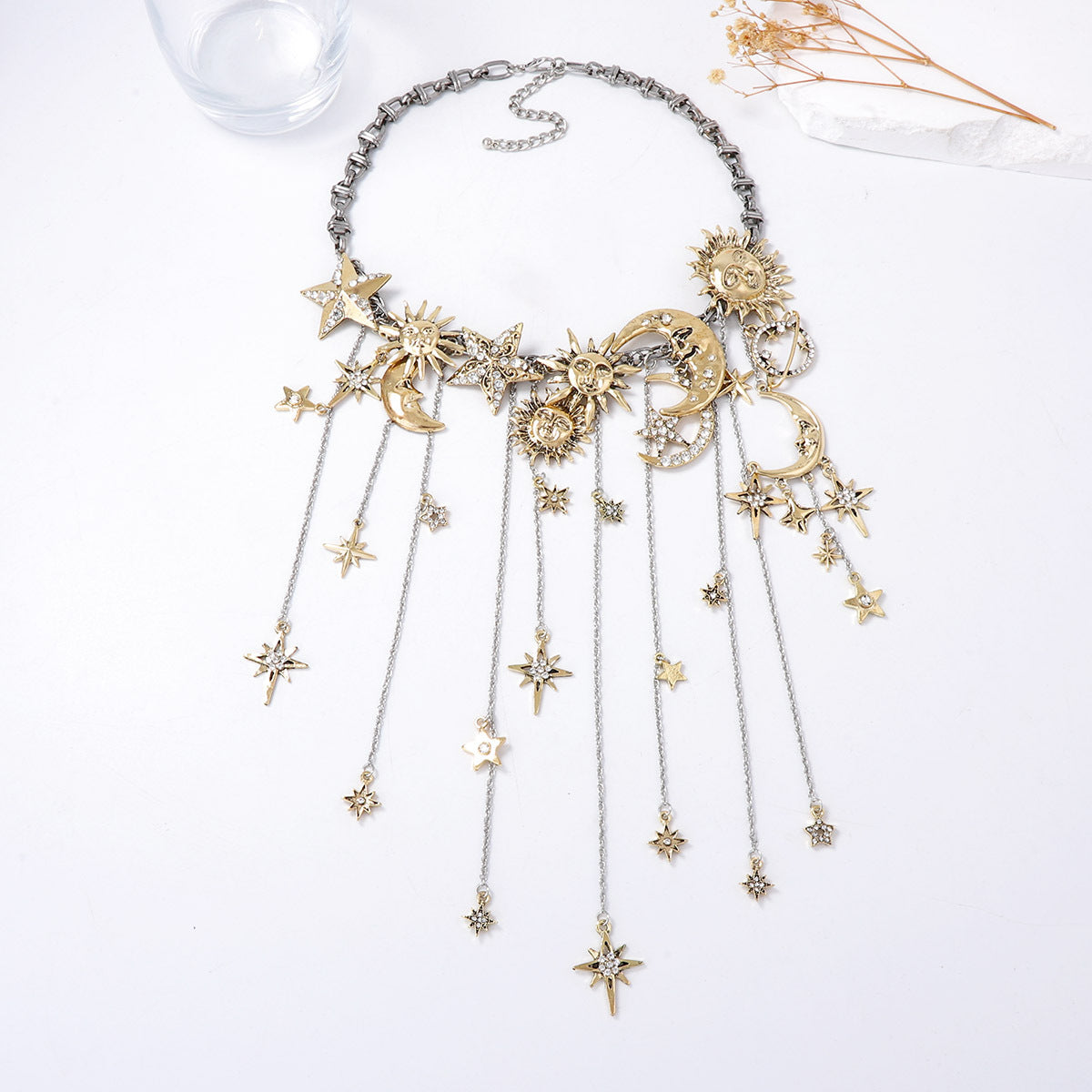 Vintage-Inspired Statement Alloy Necklace with Multi-Stone Moon, Star, and Sun Pendants - Elegant Tassel Design for a Luxe Look
