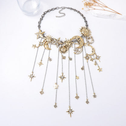 Vintage-Inspired Statement Alloy Necklace with Multi-Stone Moon, Star, and Sun Pendants - Elegant Tassel Design for a Luxe Look