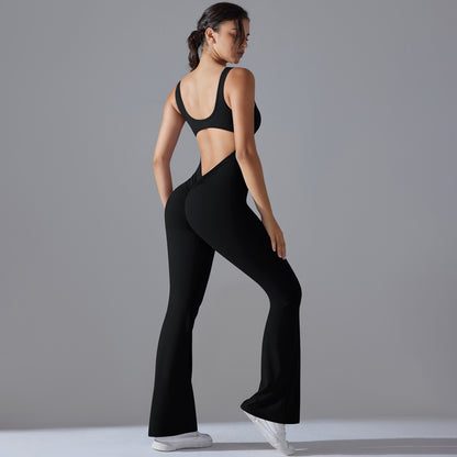 Elegant Hollow Back Bodysuit for Women Peach Butt Lifting Quick Dry Sports Yoga Leggings with Flared Design