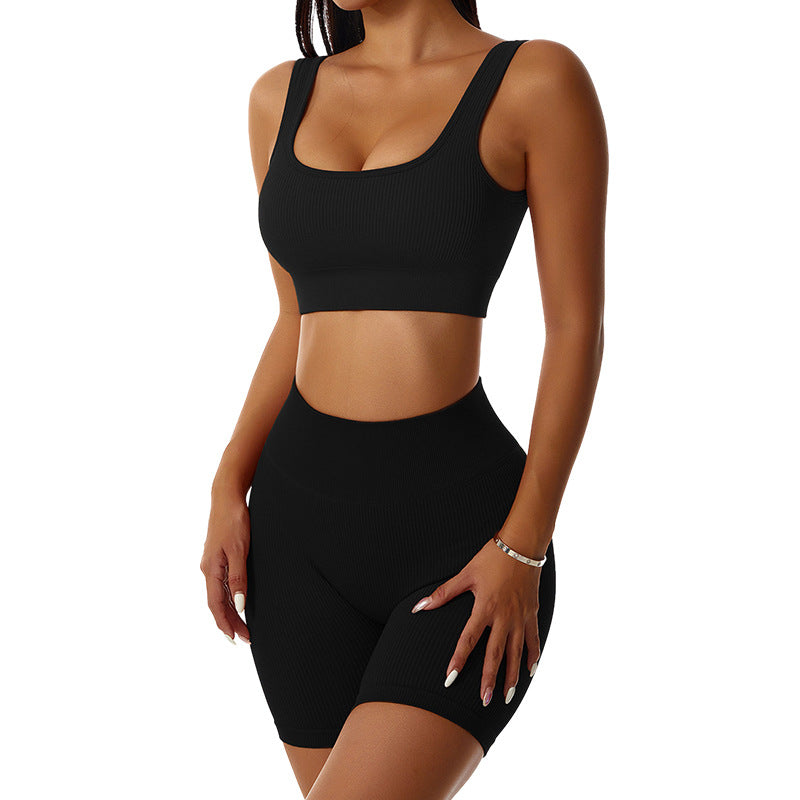 Seamless Knitted Athletic Ribbed Tank and Shorts Set Two Piece Workout Outfit for Running Fitness and Yoga