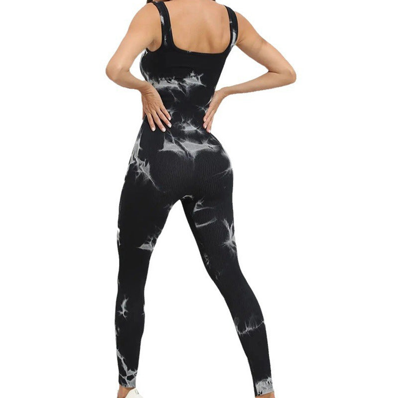 Seamless Tie Dye Yoga Jumpsuit for Women Sleeveless Athletic Bodysuit with Built in Supportive Top for Comfort and Flexibility