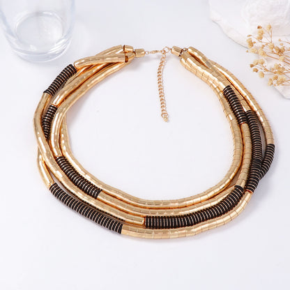 Chic Casual Punk-Inspired Multi-Layered Metal and Wood Beaded Necklace for Women - Elegant, High-End Fashion Statement