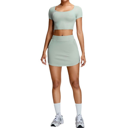 Fashionable Spring Summer Women's Yoga Short Sleeve Set and Minimalist Athletic Skirt Set with A Line Skirt and Shorts for Comfortable and Flexible Workouts