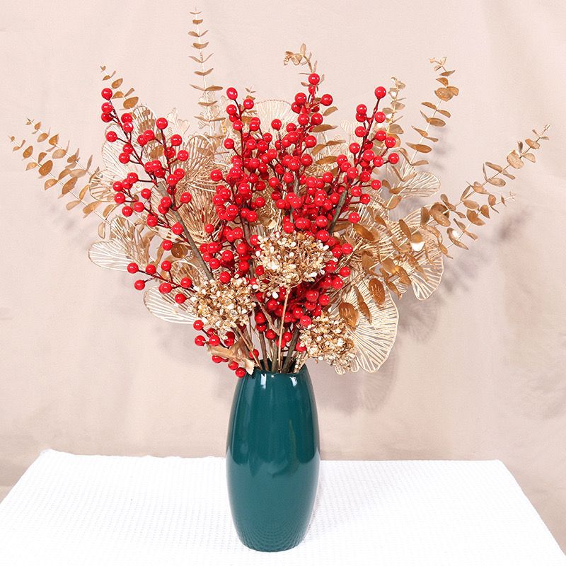 Realistic Gold Eucalyptus Leaves - Plastic Flower Materials with Winterberry Red Fruits for Festive New Year and Wedding Decorations | Ideal for Prosperity and Joy