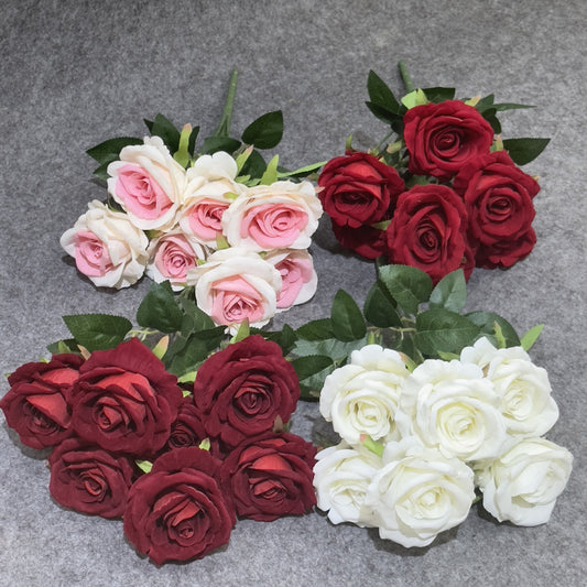 Lifelike Faux Velvet Rose Bouquet - Perfect for Wedding Decoration, Home Decor, and Photography Props with 7 Branches and 7 Heads