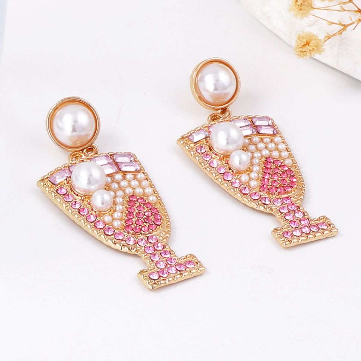 Unique Geometric Shaped Earrings with Dazzling Rhinestones - Elegant Pearl Studs Inspired by Cocktail Glass Design for Sophisticated Women's Jewelry