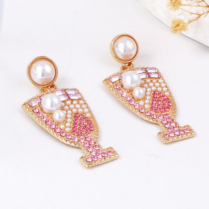 Unique Geometric Shaped Earrings with Dazzling Rhinestones - Elegant Pearl Studs Inspired by Cocktail Glass Design for Sophisticated Women's Jewelry