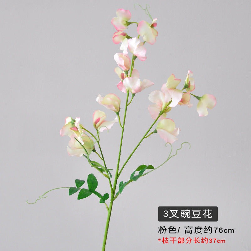 Realistic 3-Pronged Pea Blossom Faux Flower for Living Room Home Décor - Perfect for Weddings & Events - 3D Printed Single Stem with Leaves