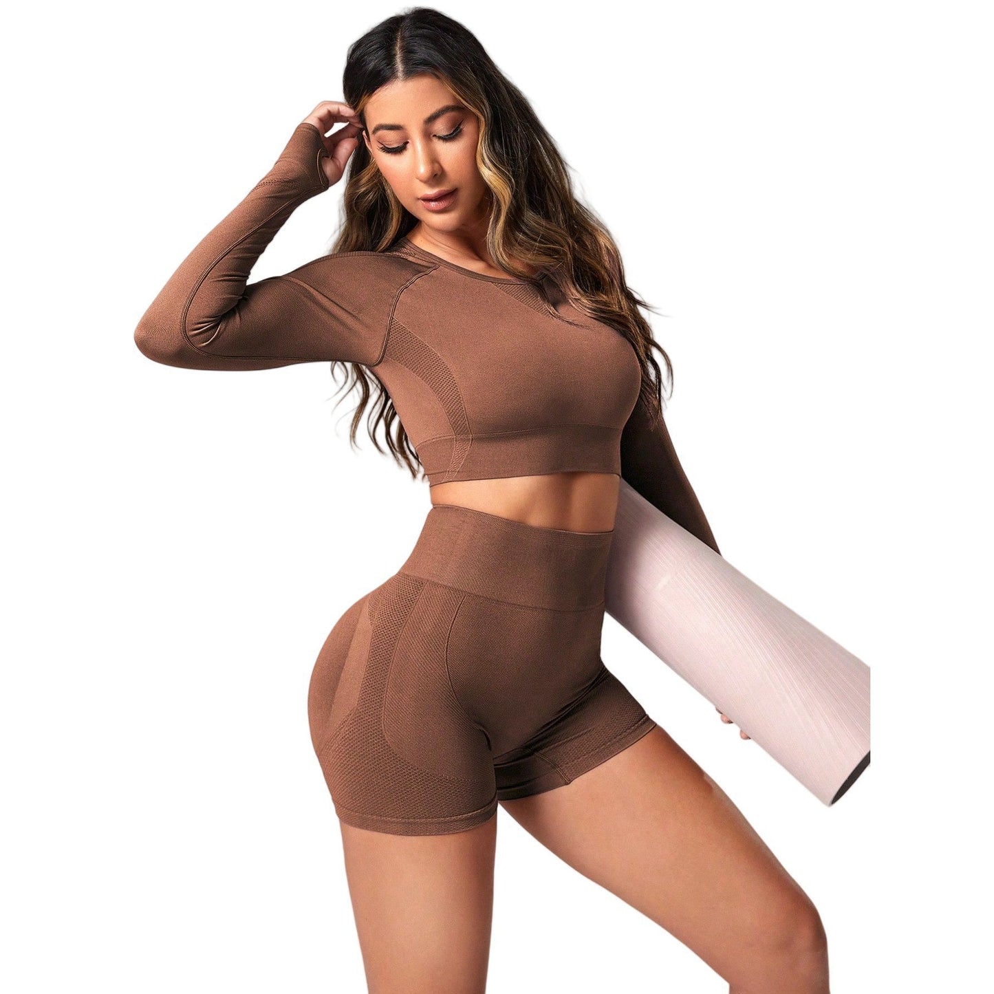 High Waisted Long Sleeve Yoga Set for Women Peach Butt Enhancing Fitness Shorts Deep Back Design for Comfort and Flexibility