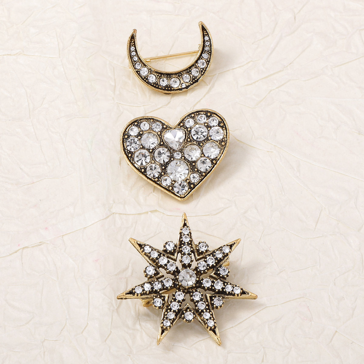 Elegant Minimalist Alloys Set of 3 Brooches Featuring Full-Crystal Stars and Moon for Women - Perfect Accessory for Any Occasion