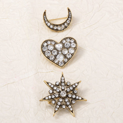 Elegant Minimalist Alloys Set of 3 Brooches Featuring Full-Crystal Stars and Moon for Women - Perfect Accessory for Any Occasion