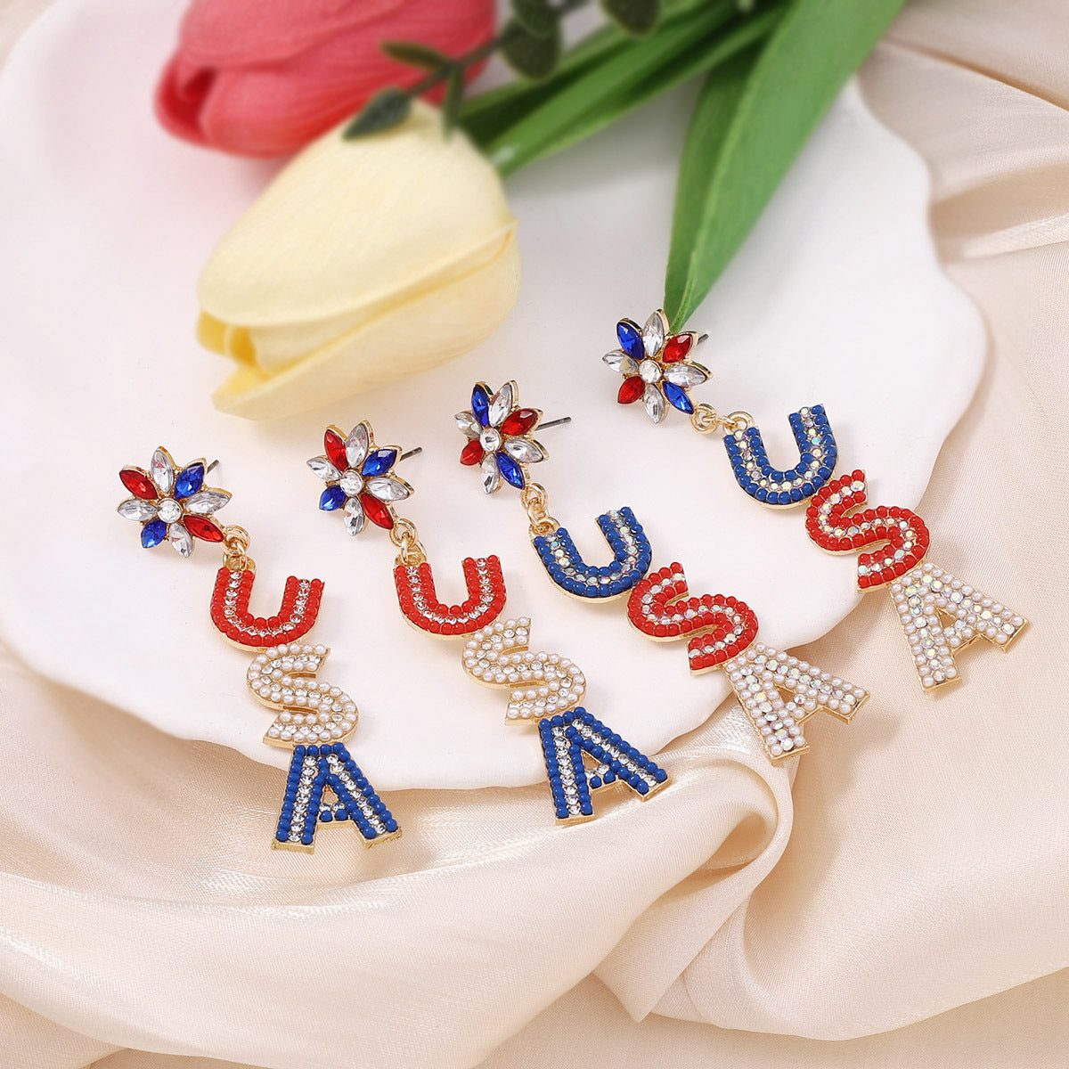 USA Flag Earrings with Stunning Pearl and Diamond Accents – Celebrate Independence Day in Style with Patriotic Jewelry for Parties and Events