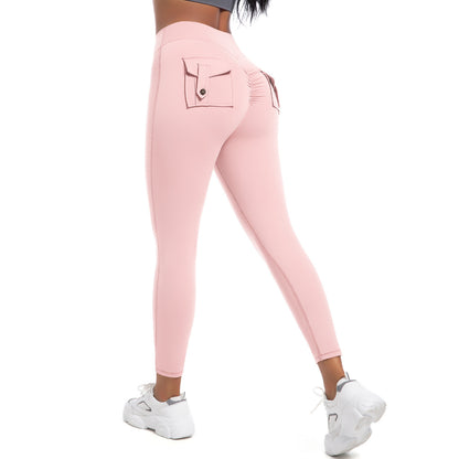 High Waisted Peach Fitness Leggings with Buttoned Pockets Stretchy Quick Dry Tummy Control Yoga Pants for Running and Workout