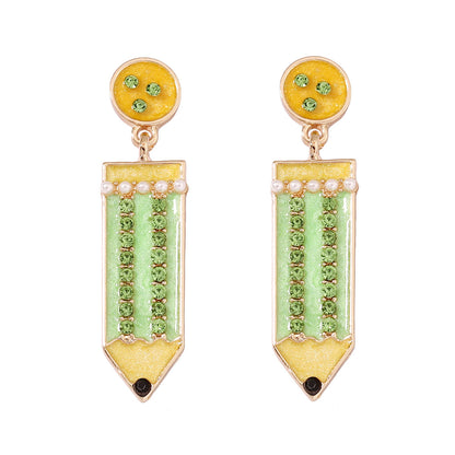 Cute Back-to-School Enamel Pencil Earrings with Rhinestones - Trendy Jewelry for Girls and Women - Perfect Accessory for School Spirit and Fashion