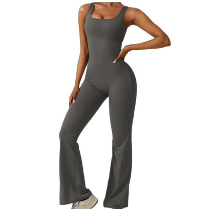 Solid Color High Waisted Yoga Jumpsuit with Flared Legs for Dance Fitness and Everyday Wear